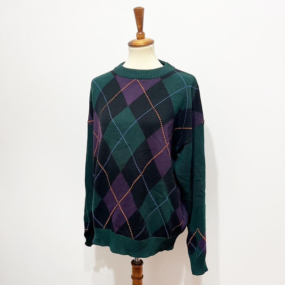 Nautica Vintage 100% cotton argyle crewneck sweater green purple Size Large